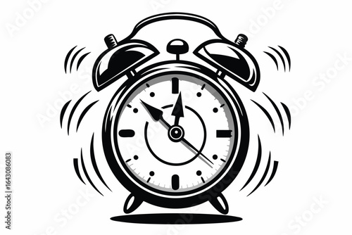 Black alarm clock vigorously rings, signifying awakening and timekeeping on a white background