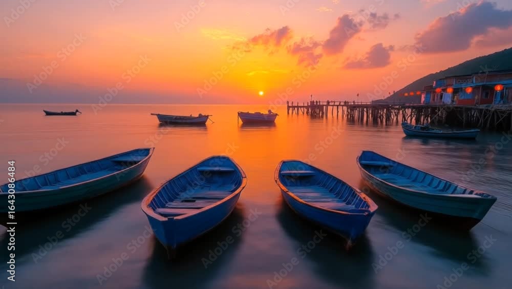 Sunset over ocean with boats, vibrant colors, peaceful scene Sunset over ocean with boats, vibrant colors, peaceful scene
