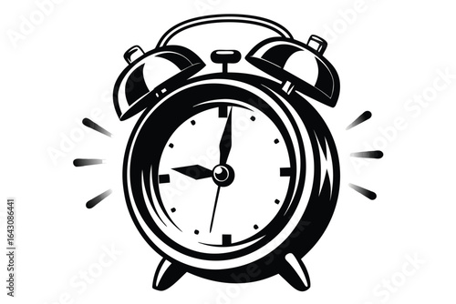 Black alarm clock rings loudly, telling time with its mechanical hands vector