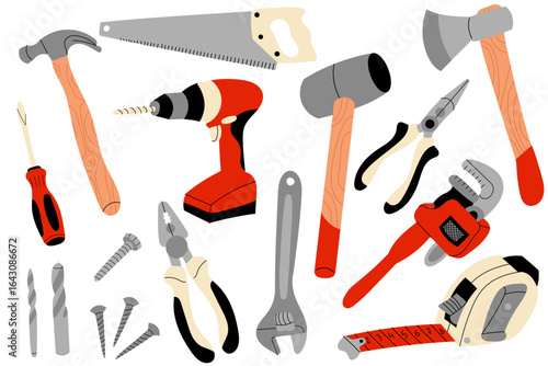 Set of construction and repair tools. Flat vector illustration featuring hammer, saw, drill, pliers, wrench, screwdriver, tape measure, and more. Perfect for DIY projects, hardware store designs 