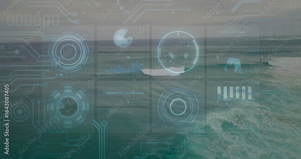 Obraz premium Displaying holographic interface panels floating above open sea, with data charts and circuits