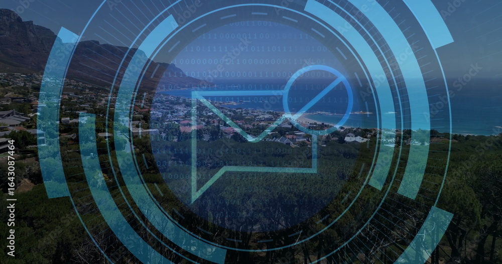 Obraz premium Holographic envelope icon hovering in coastal hillside view, with translucent HUD and binary code