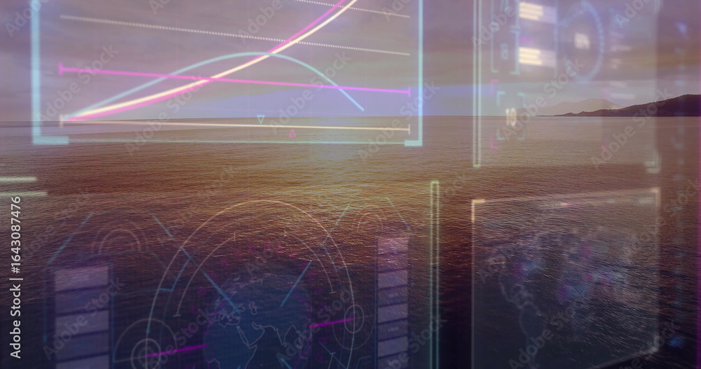 Obraz premium Displaying digital overlay spanning calm sea at twilight horizon, with line chart and globe diagram