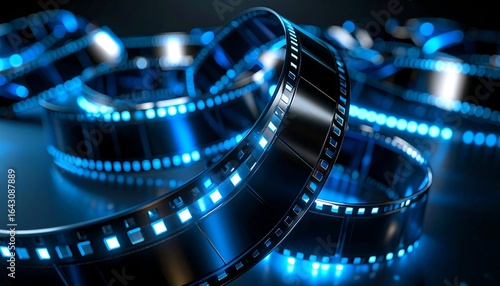 Glowing blue film reels intertwined on dark background