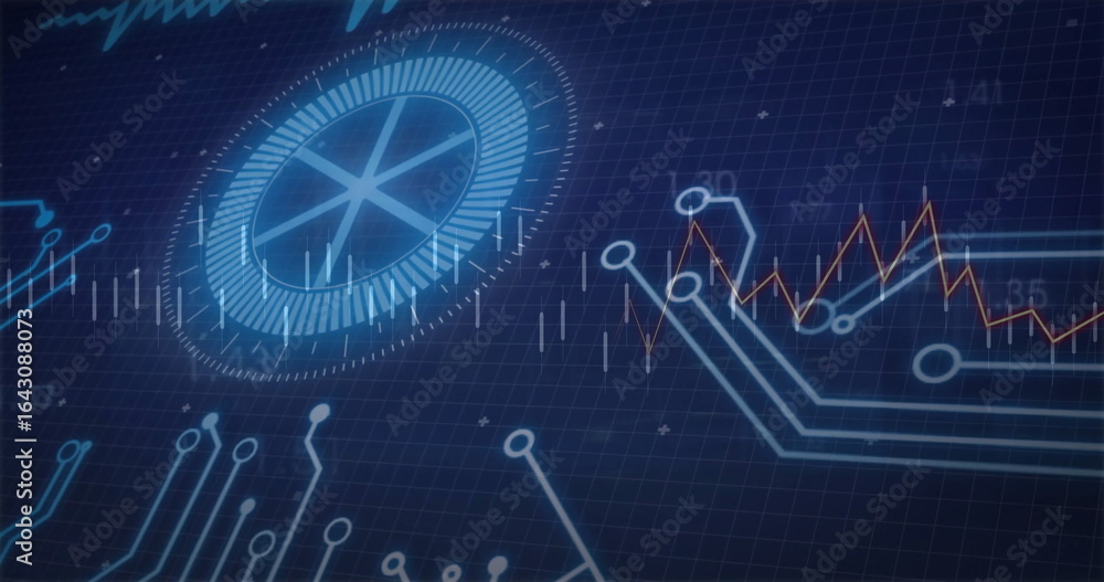 Displaying blue circular gauge on computer dashboard, with circuit traces and orange line graph Displaying blue circular gauge on computer dashboard, with circuit traces and orange line graph