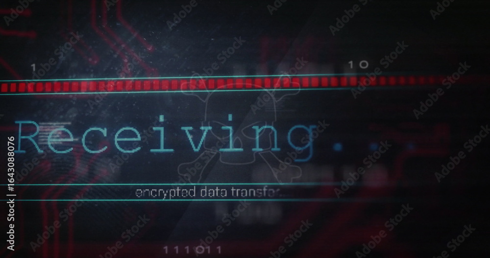 Fototapeta premium Displaying glowing cyan Receiving… interface on screen, with red progress bar and skull watermark