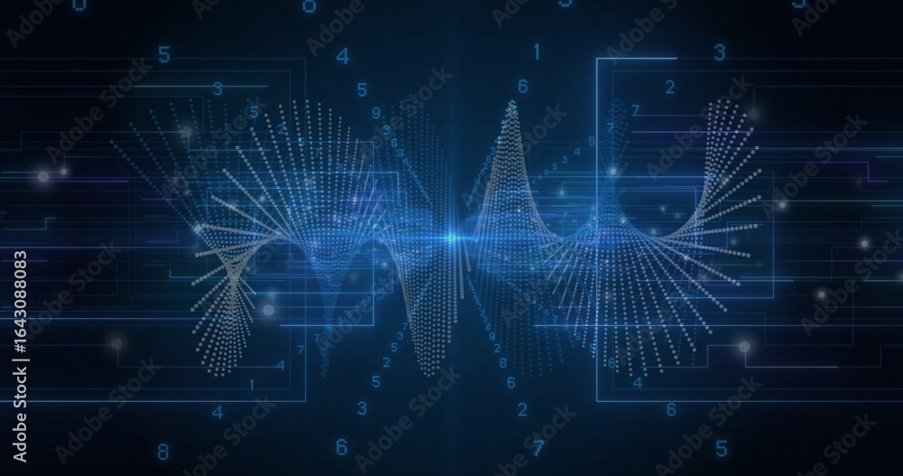 Obraz premium Spiraling digital waveform across interface, with light flare, frames, circuits and digit labels