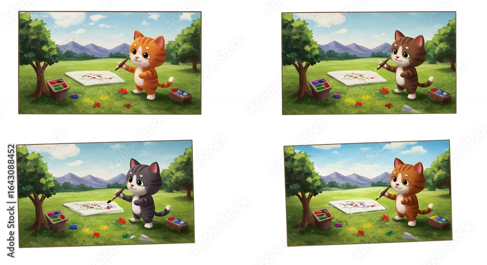 Obraz premium Cartoon cats painting in autumn landscape