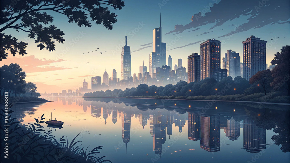 Fototapeta premium City skyline reflection at dawn scenic landscape wallpaper background desktop hd high resolution image