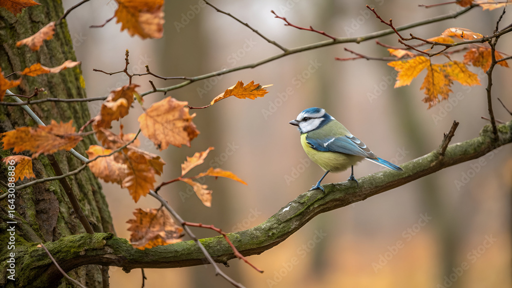 Fototapeta premium Colorful Cyanistes caeruleus perched in serene autumn woodland, perfect for wildlife photography, birdwatching, and educational resources