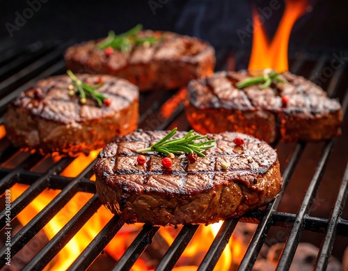 Four grilled steaks sizzle on hot coals, garnished with herbs and peppercorns