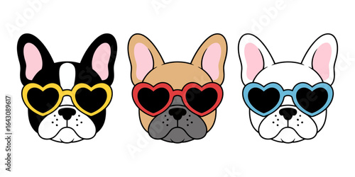 Three cartoon French bulldog faces wearing heart shaped sunglasses in different colors on white background