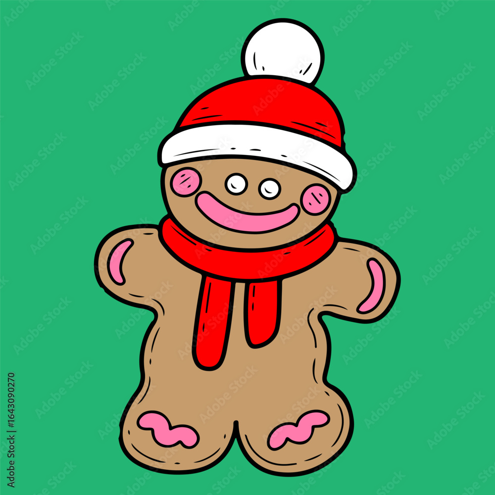 Fototapeta premium Gingerbread man in Santa Claus hat. Hand drawn color flat vector. Cute cartoon character. Merry Christmas dessert. Winter holiday card. Fun celebration. Illustration doodle line art.