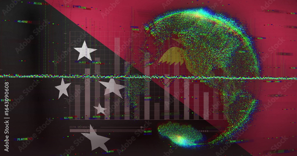 Fototapeta premium Displaying pixelated globe glitching on dashboard with bar chart stars gridlines, copy space