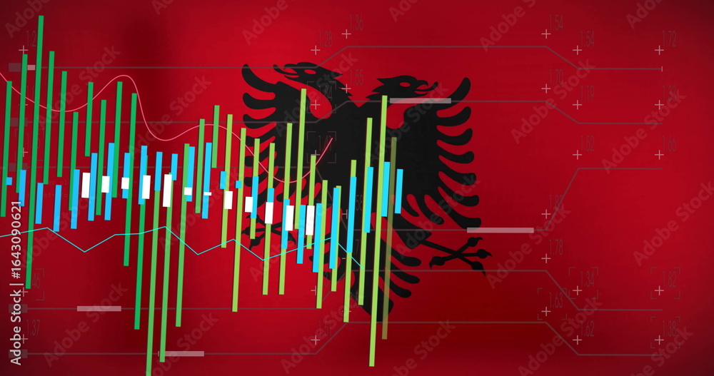 Fototapeta premium Showing eagle emblem on red flag with candlestick bars line graphs plus markers on circuit lines