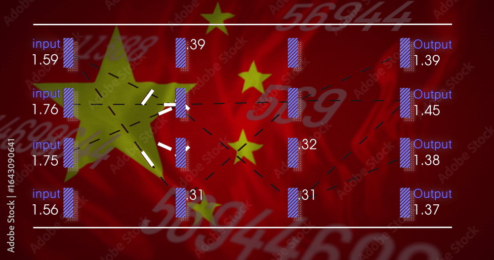 Fototapeta premium Displaying network layers at red flag background, with input or output charts, nodes, arrows, overla