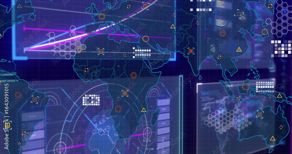 Naklejka premium Displaying dashboard showing map outlines, radar chart and data bars on interface with neon markers