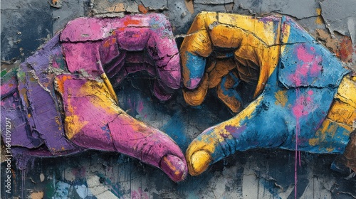 Colorful hands forming a heart shape on a weathered wall