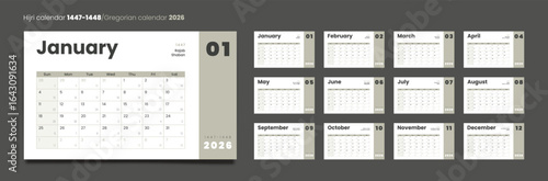 Hijri islamic 1447-1448 and Gregorian calendar for 2026. Vector calendar Layout design in minimal style in Arabic and English with week start Sunday for print. Set of 12 calendar pages.