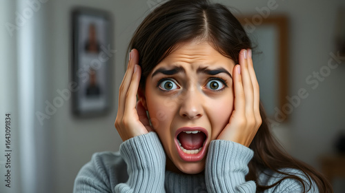 young woman looking unpleasantly shocked, scared or worried, mouth wide open and covering both ears with hands