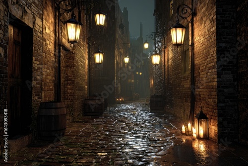 Narrow, misty alleyway lit by oil lamps