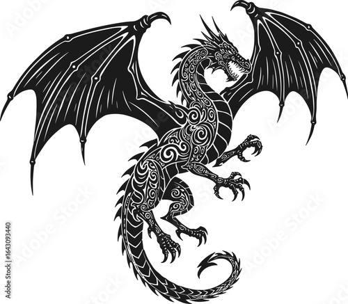 A powerful, fierce mythological dragon creature with ornate decorative patterns on its body, a detailed vector illustration perfect for fantasy and tattoo art.