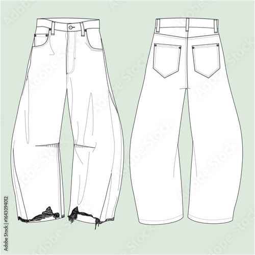 Jeans Vector Template - Fashion Flat Sketch of Baggy Loose Fit Pants, Front and Back View, Ripped Hem Denim Design.