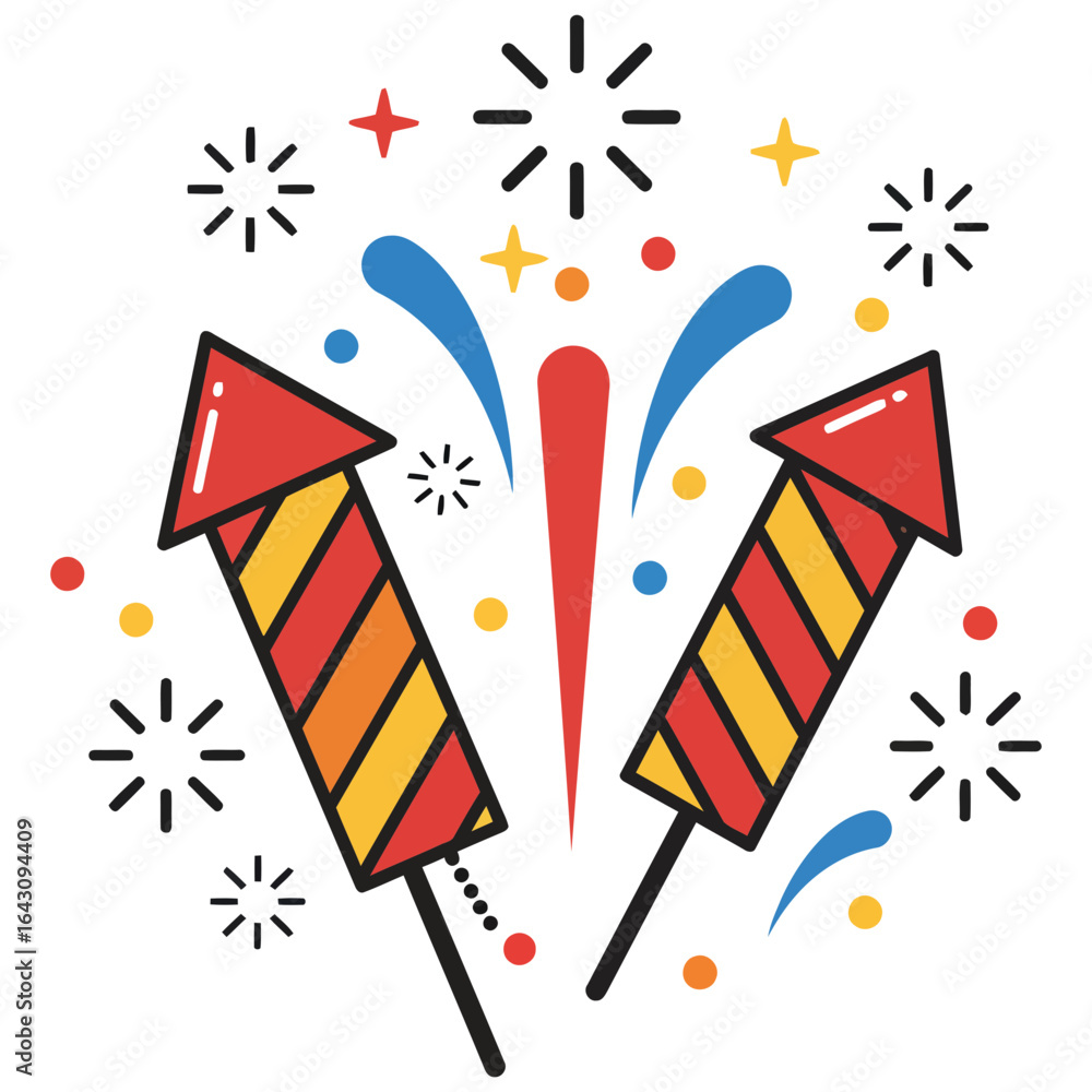 Fototapeta premium Colorful fireworks display, with two striped rockets exploding in a festive design.