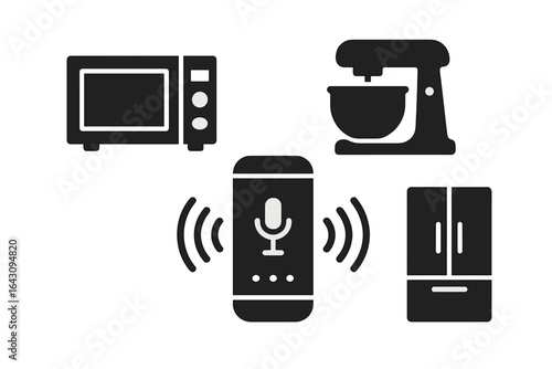 Smart kitchen appliances and voice assistant enhance cooking experience in modern home setting