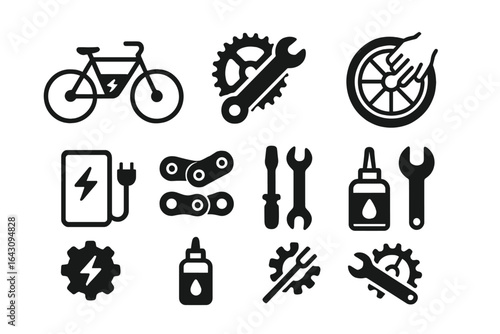 Electric bicycle maintenance icons featuring tools, gears, and components for repair and upkeep