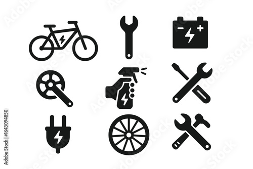 Icons depicting electric bicycle maintenance tools and equipment for efficient repair and servicing