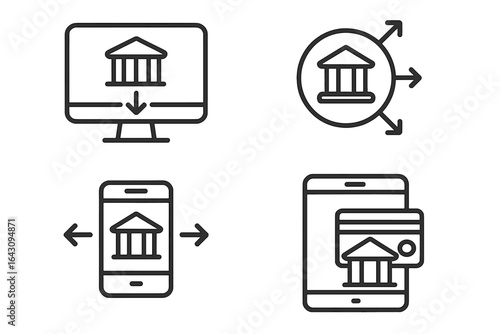 Digital currency transactions on computer and mobile devices with bank symbols showcasing modern finance