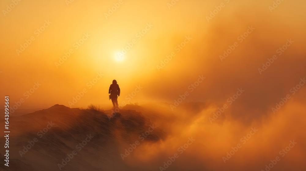 Solitary figure walking on misty mountain ridge at sunset Orange sky and fog Solitary figure walking on misty mountain ridge at sunset Orange sky and fog