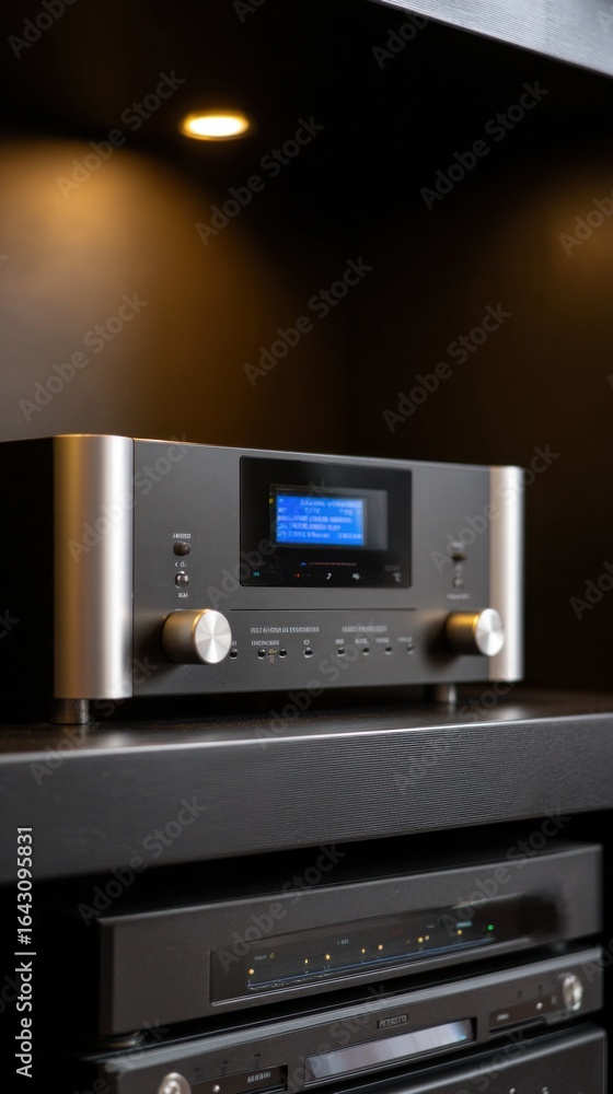 Obraz premium Modern amplifier displaying information on dark background