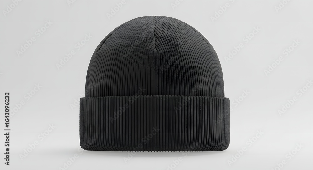 Fototapeta premium Cozy Black Ribbed Knit Beanie Hat on White Backdrop