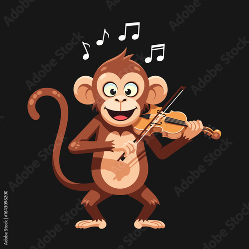 A whimsical cartoon monkey with a surprised expression playing a violin surrounded by musical notes.