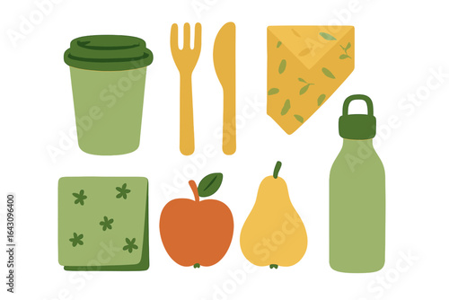 Healthy lunch items displayed including fruits, cheese, and reusable containers promoting eco-friendly choices