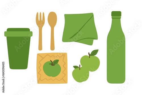 Healthy picnic arrangement with green and natural food items on white background