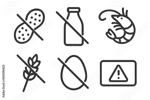 Food allergy symbols indicating common allergens like peanuts, milk, shrimp, wheat, and eggs for dietary awareness
