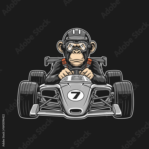 Cartoon chimpanzee racer in a silver formula car with number seven wearing a helmet and goggles.