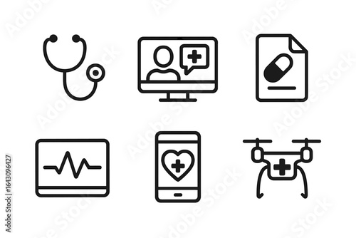 Health technology icons illustrating telemedicine, remote monitoring, and digital healthcare solutions