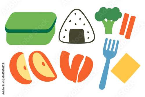 Healthy lunchbox with colorful fruits, vegetables, and a rice ball arranged for a nutritious meal