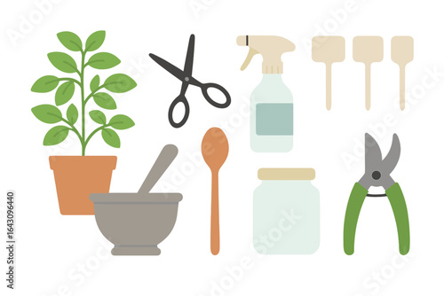 Gardening tools and supplies arranged on a white background for plant care and cultivation activities
