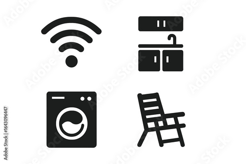 Modern home essentials including wifi, kitchen cabinets, washing machine, and chair designed for contemporary living environments