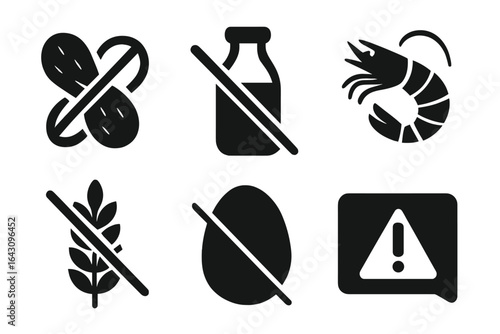 Food allergy warning symbols indicating common allergens such as peanuts, dairy, shrimp, gluten, and eggs in a clear visual format