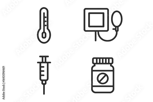 Medical tools displayed including thermometer, blood pressure monitor, syringe, and prescription bottle for health assessment