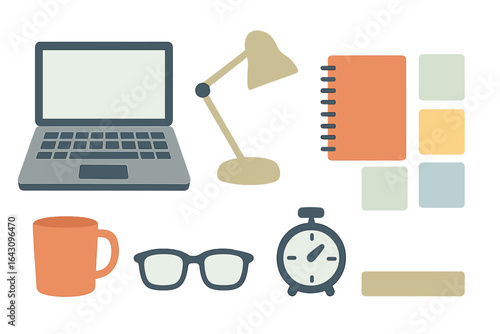 Workspace setup featuring a laptop, desk lamp, notebook, and office supplies for productivity