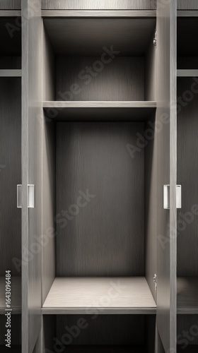 A modern, empty closet with sleek, textured shelves and metallic handles, showcasing a minimalistic design.