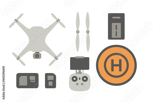 Drone equipment and accessories laid out on clean surface for piloting practice and preparation