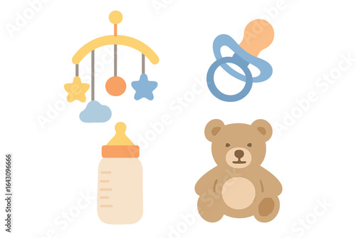 Baby essentials including a mobile, pacifier, bottle, and teddy bear for nursery decor